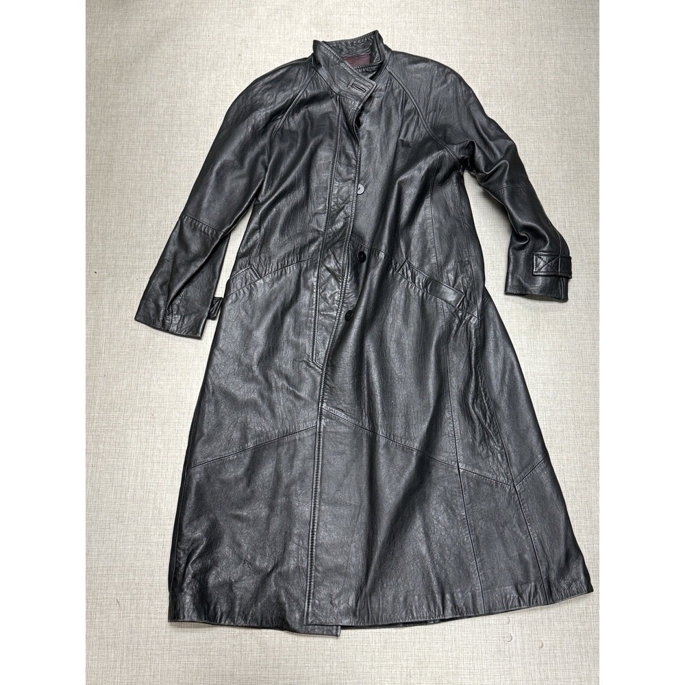 Vintage Black Leather Trench Coat Women Size L Good Longline Matrix Goth - Picture 1 of 10